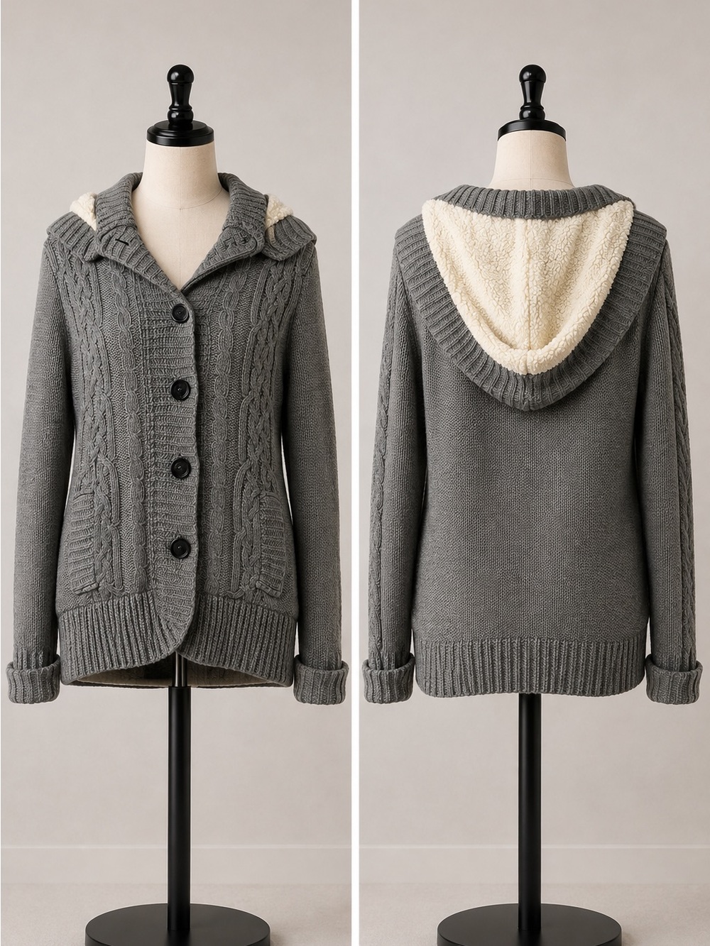 Ci Sono Gray Cable Knit Hooded Cardigan with Cream Sherpa Lining